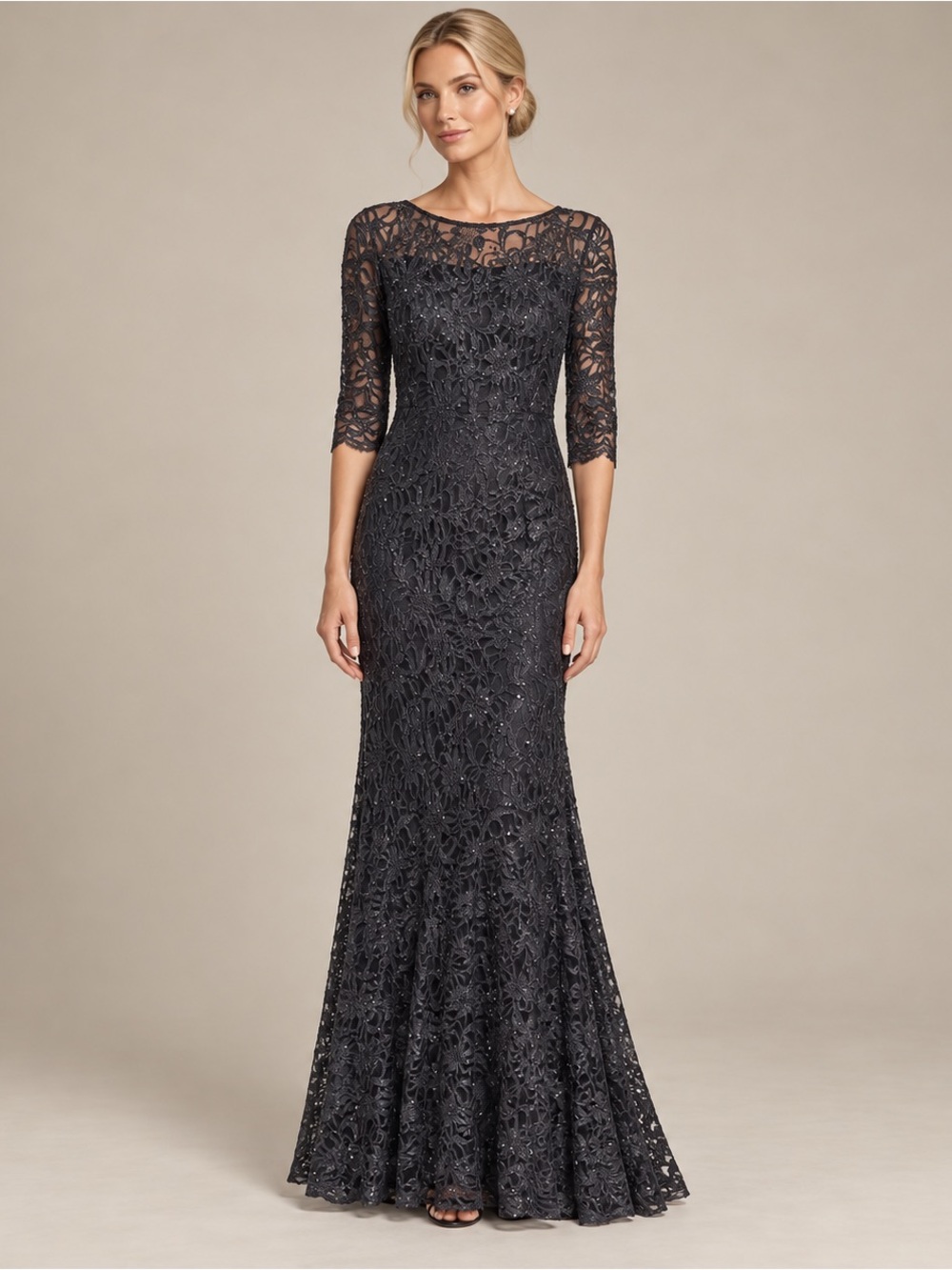 Xscape Lace Sequin Formal Evening Gown 3/4 Sleeve XL wedding guest
